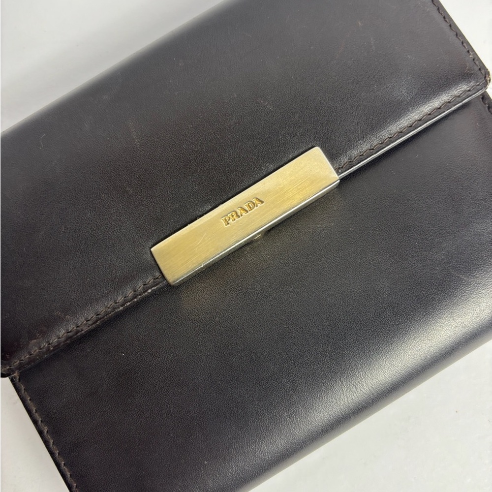 Prada Dark Brown Leather Bi-Fold Wallet with Gold Bar Detail‎ - Picture 3 of 6